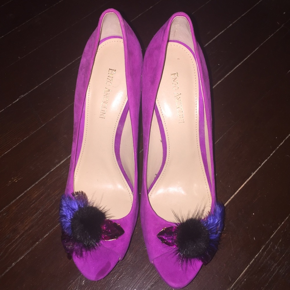 Bejeweled with feathers platform peep toe pumps
